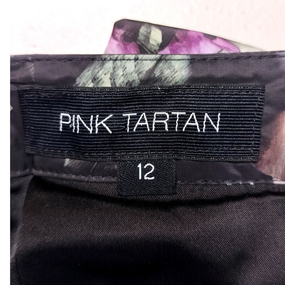 Pink Tartan Satin Pleated Floral Midi‎ Skirt Size 12 Large Black Purple Pockets - Picture 8 of 10